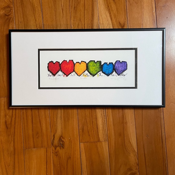 Rainbow heart wall art hand painted and artist signed in custom frame.